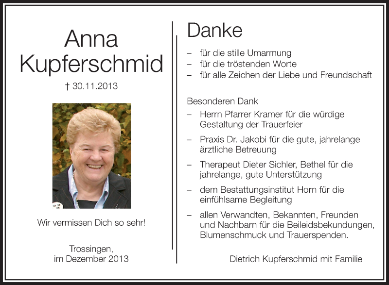  Traueranzeige für Anna Kupferschmid vom 17.12.2013 aus Schwäbische Zeitung
