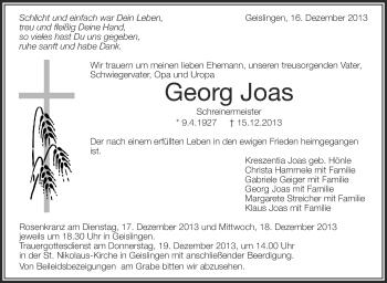 Anzeige von Georg Joas von Schwäbische Zeitung