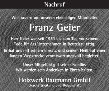 Anzeige von Franz Geier von Schwäbische Zeitung