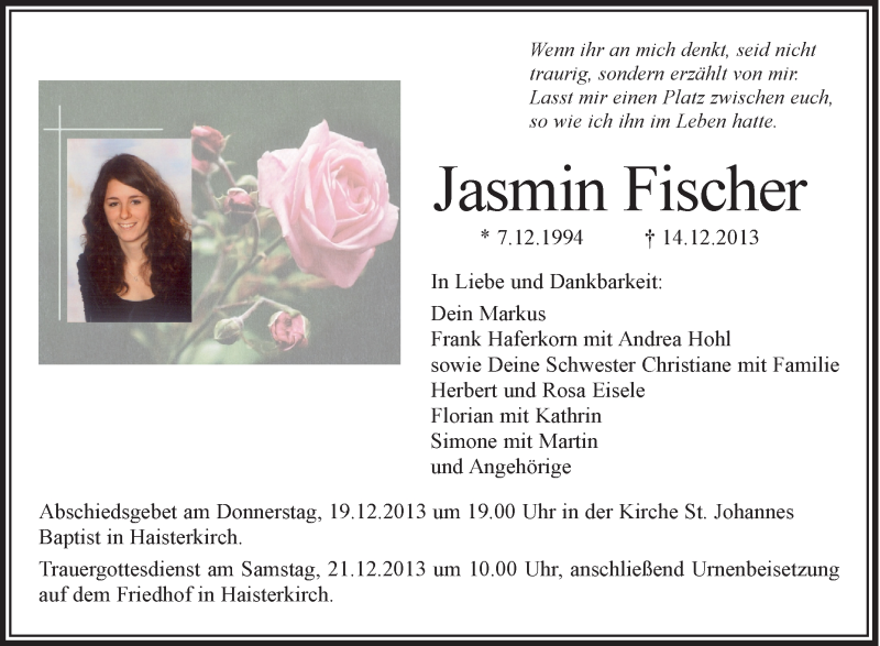  Traueranzeige für Jasmin Fischer vom 18.12.2013 aus Schwäbische Zeitung