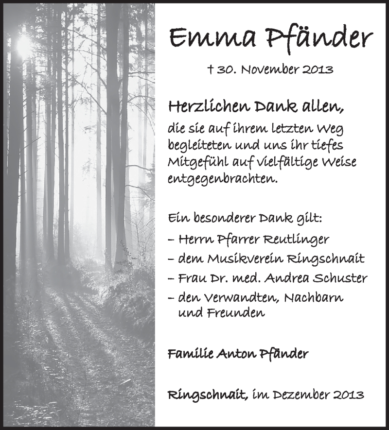  Traueranzeige für Emma Pfänder vom 20.12.2013 aus Schwäbische Zeitung