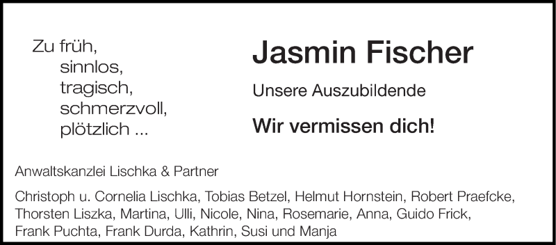 Traueranzeige für Jasmin Fischer vom 21.12.2013 aus Schwäbische Zeitung