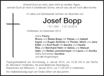 Anzeige von Josef Bopp von Schwäbische Zeitung