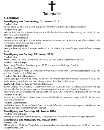 Anzeige von Totentafel vom 31.12.2013 von Schwäbische Zeitung