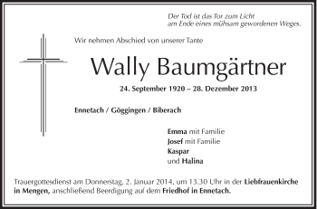Anzeige von Wally Baumgärtner von Schwäbische Zeitung