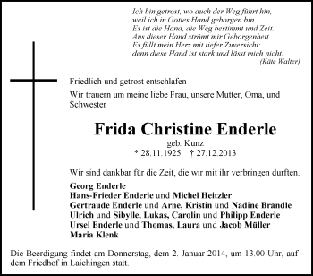 Anzeige von Frida Christine Enderle von Schwäbische Zeitung