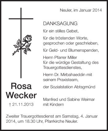 Anzeige von Rosa Wecker von Schwäbische Zeitung