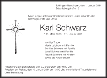 Anzeige von Karl Schwarz von Schwäbische Zeitung