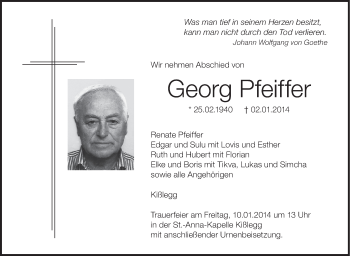 Anzeige von Georg Pfeiffer von Schwäbische Zeitung