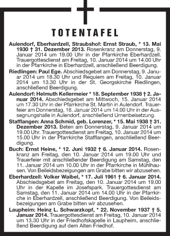 Anzeige von Totentafel vom 08.01.2014 von Schwäbische Zeitung