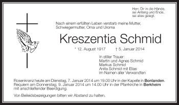 Anzeige von Kreszentia Schmid von Schwäbische Zeitung