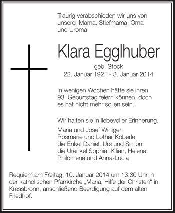 Anzeige von Klara Egglhuber von Schwäbische Zeitung