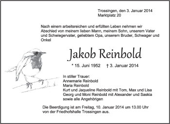 Anzeige von Jakob Reinbold von Schwäbische Zeitung