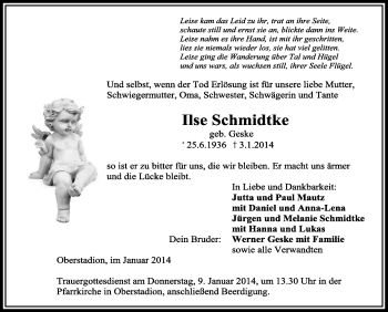 Anzeige von Ilse Schmidtke von Schwäbische Zeitung