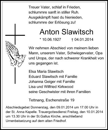 Anzeige von Anton Slawitsch von Schwäbische Zeitung
