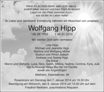 Anzeige von Wolfgang Hipp von Schwäbische Zeitung