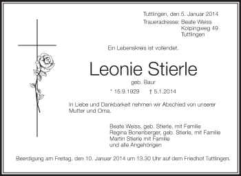 Anzeige von Leonie Stierle von Schwäbische Zeitung