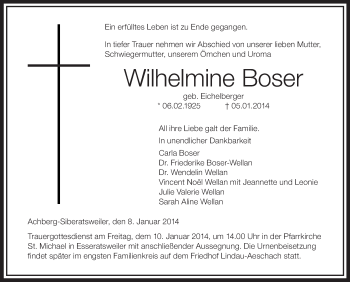 Anzeige von Wilhelmine Boser von Schwäbische Zeitung