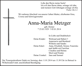 Anzeige von Anna-Maria Metzger von Schwäbische Zeitung