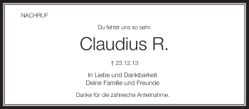 Anzeige von Claudius  von Schwäbische Zeitung