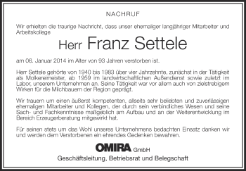 Anzeige von Franz Settele von Schwäbische Zeitung