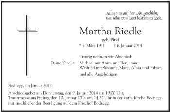 Anzeige von Martha Riedle von Schwäbische Zeitung