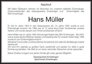 Anzeige von Hans Müller von Schwäbische Zeitung