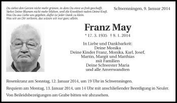 Anzeige von Franz May von Schwäbische Zeitung