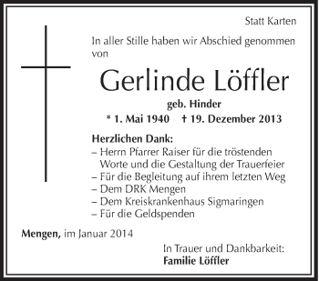 Anzeige von Gerlinde Löffler von Schwäbische Zeitung