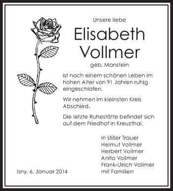 Anzeige von Elisabeth Vollmer von Schwäbische Zeitung