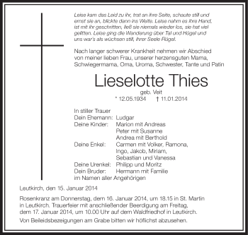 Anzeige von Lieselotte Thies von Schwäbische Zeitung