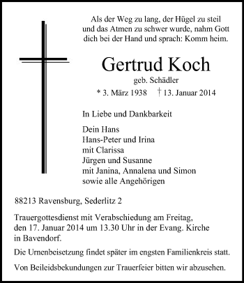 Anzeige von Gertrud Koch von Schwäbische Zeitung
