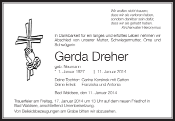 Anzeige von Gerda Dreher von Schwäbische Zeitung