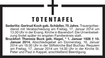 Anzeige von Totentafel vom 15.01.2014 von Schwäbische Zeitung
