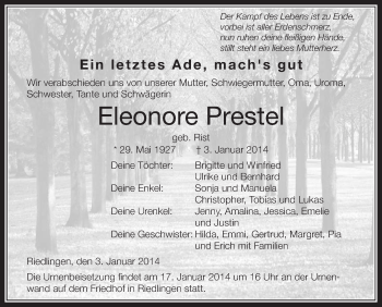 Anzeige von Eleonore Prestel von Schwäbische Zeitung