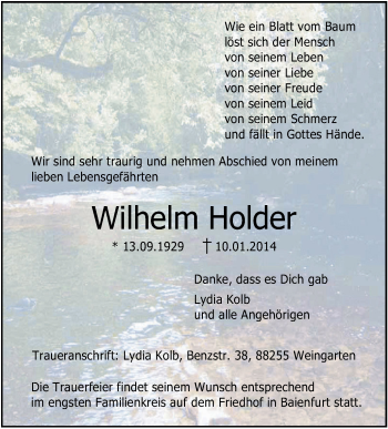 Anzeige von Wilhelm Holder von Schwäbische Zeitung