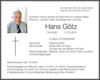 Anzeige von Hans Götz von Schwäbische Zeitung