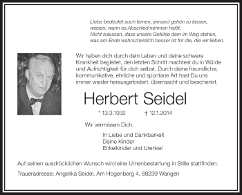 Anzeige von Herbert Seidel von Schwäbische Zeitung