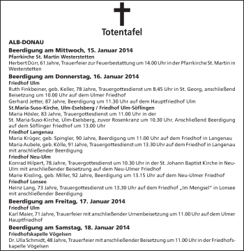 Anzeige von Totentafel vom15.01.2014 von Schwäbische Zeitung