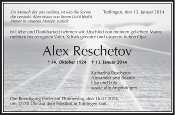 Anzeige von Alex Reschetov von Schwäbische Zeitung