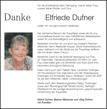 Anzeige von Elfriede Dufner von Schwäbische Zeitung