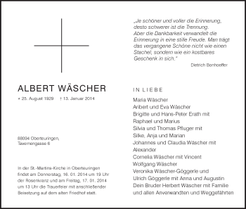 Anzeige von Albert Wäscher von Schwäbische Zeitung