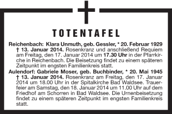 Anzeige von Totentafel vom 16.01.2014 von Schwäbische Zeitung
