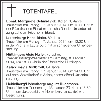 Anzeige von Totentafel vom 15.01.2014 von Schwäbische Zeitung
