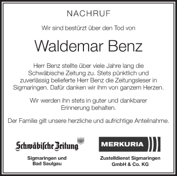 Anzeige von Waldemar Benz von Schwäbische Zeitung