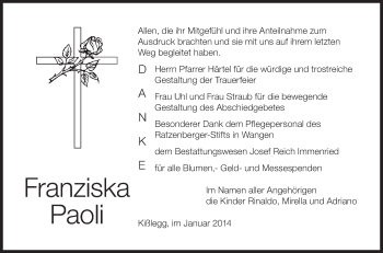 Anzeige von Franziska Paoli von Schwäbische Zeitung