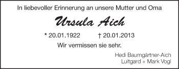 Anzeige von Ursula Aich von Schwäbische Zeitung