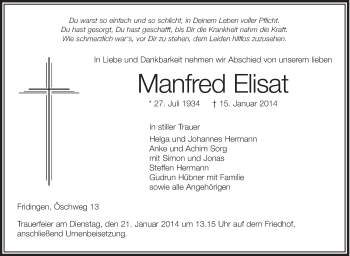 Anzeige von Manfred Elisat von Schwäbische Zeitung