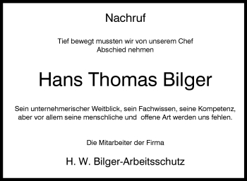 Anzeige von Hans Thomas Bilger von Schwäbische Zeitung