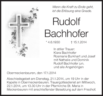 Anzeige von Rudolf Bachhofer von Schwäbische Zeitung